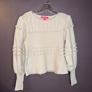 Lilly Pulitzer Cable Knit Puff Sleeve Sweater Pom Pom Romantic Sz M